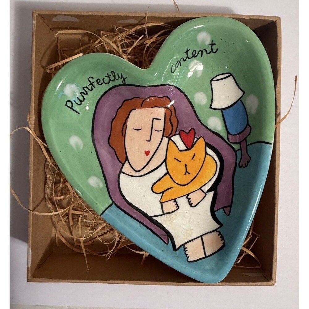 Sandra Magsamen Silvestri Purrfectly Content Heart Shaped Cat Trinket Dish & Box